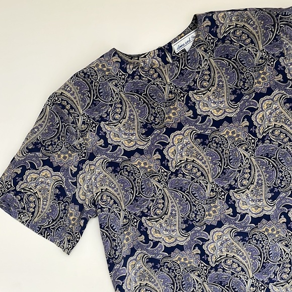 Vintage 100% Silk Paisley Blouse Blue & Pale Yellow Short Sleeved Shirt Top Tee - Picture 1 of 10